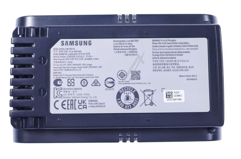 VCA-SBTA60/VT Batteria di ricambio per JET 75E/JET 65/JET 60, 200W/60 min (JET 75E), 150W/40 min (JET 65/JET 60), nera Samsung VCASBTA60VT